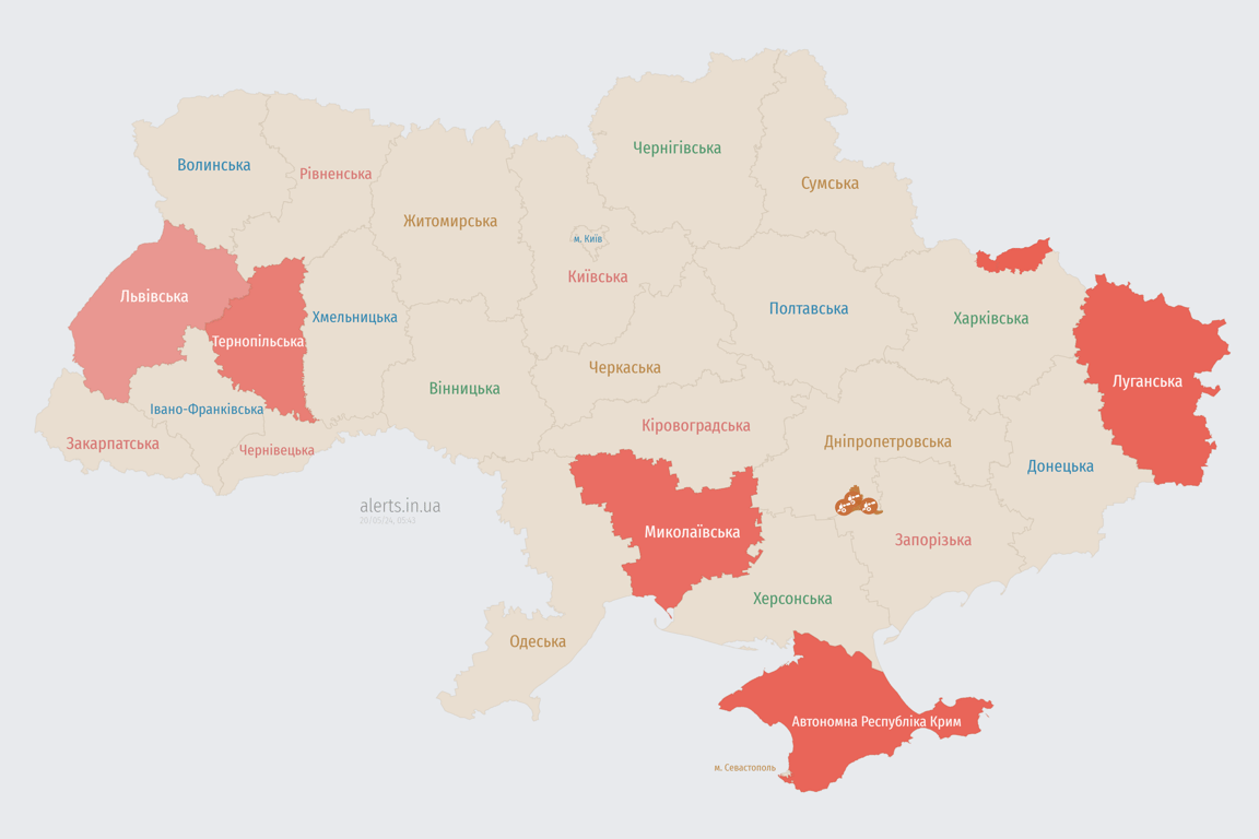 Мапа повітряної тривоги в Україні сьогодні, 20 травня