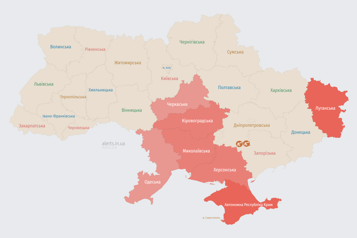 Мапа повітряних тривог в Україні сьогодні, 16 грудня