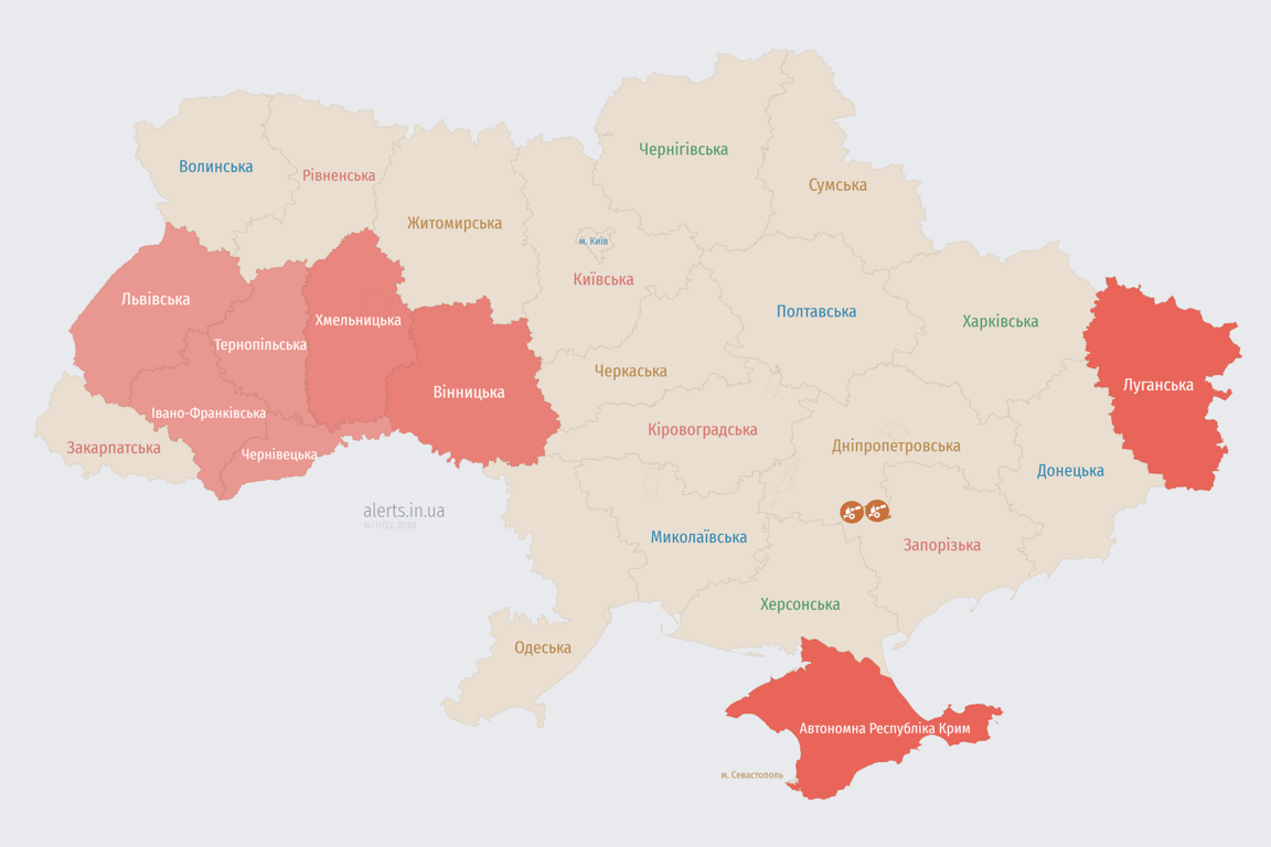 Мапа повітряних тривог в Україні станом на сьогодні, 14 листопада