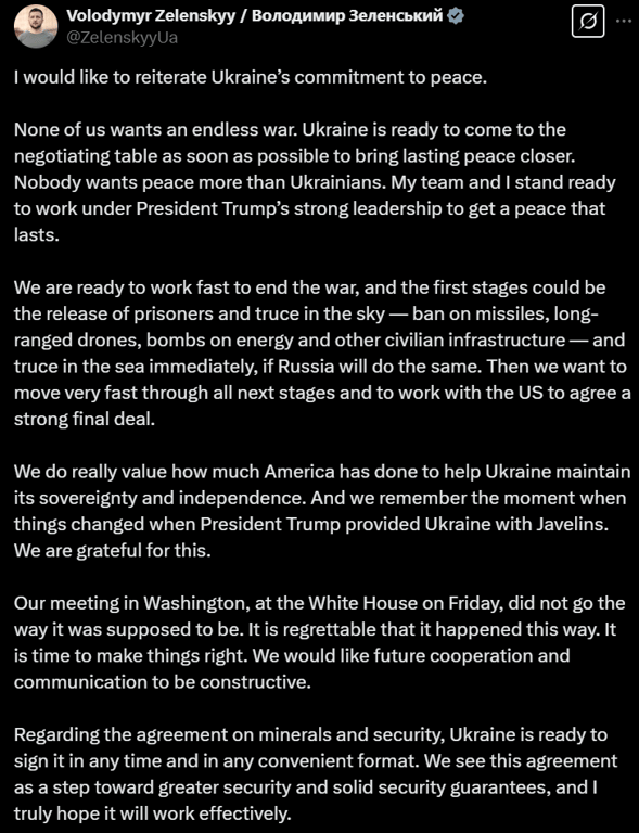 допис Зеленського про мир