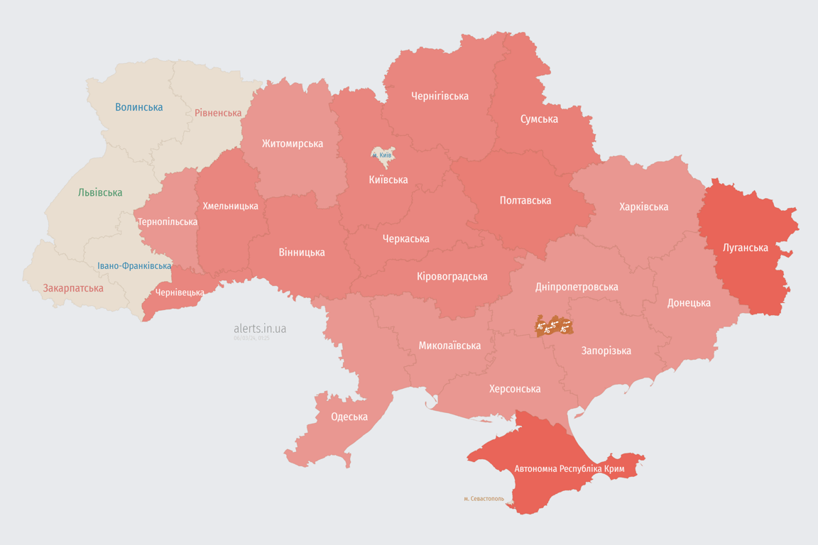 Карта воздушных тревог в Украине сегодня 6 марта