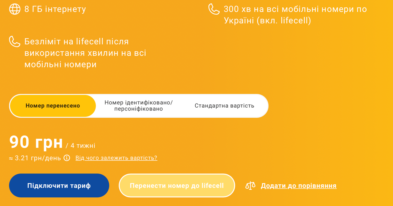Вартість найдешевшого тарифу на мобільний звʼязок. Фото: скриншот 