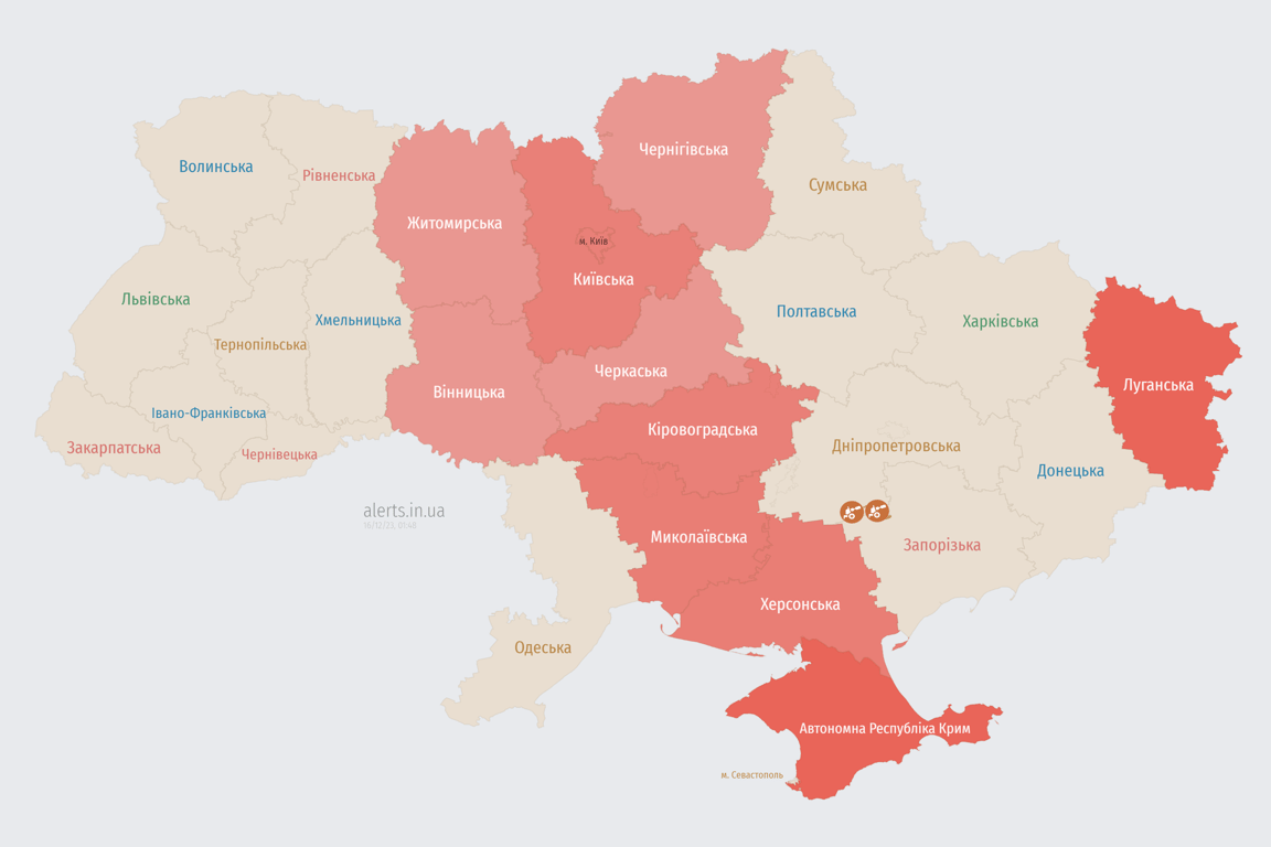 Мапа повітряних тривог в Україні сьогодні, 16 грудня