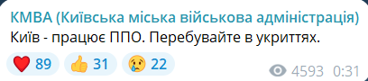 Скриншот повідомлення з телеграм-каналу КМВА