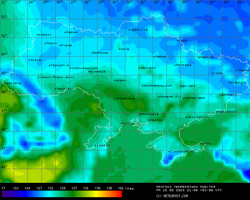 Карта температур в Украине 15 августа