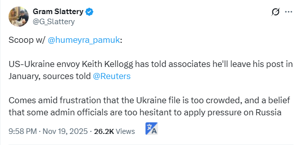 Кит Келлог планирует в январе 2026 года покинуть должность спецпредставителя Трампа