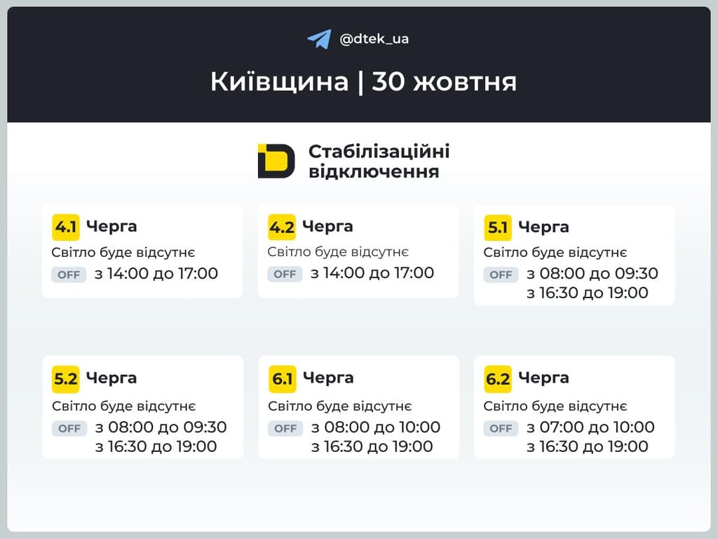 Відключення світла Київщина 30 жовтня