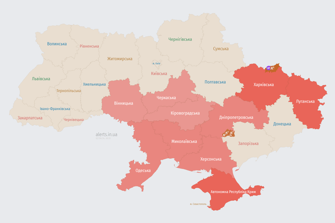 Карта воздушной тревоги в Украине в ночь на 2 июня