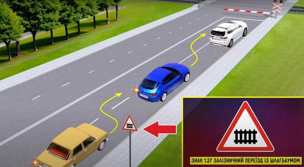 Предупредительный дорожный знак 1.27 "Железнодорожный переезд со шлагбаумом".