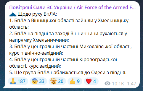 Скриншот сообщения из телеграмм-канала "Воздушные силы ВС Украины"