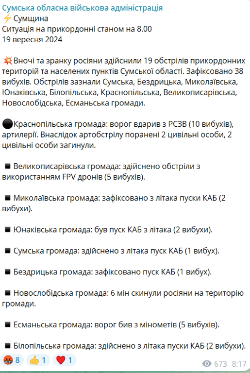 Ситуация в Сумской области 19 сентября