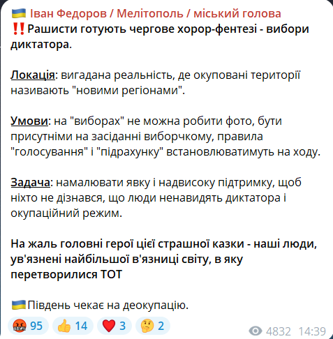 Скриншот сообщения из телеграмм-канала городского головы Мелитополя Ивана Федорова