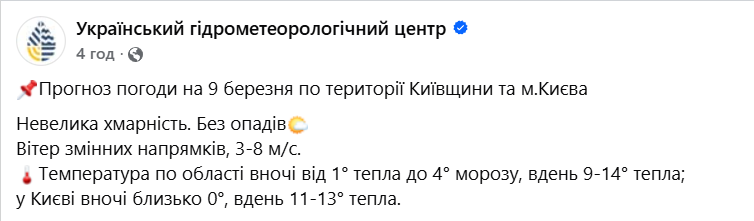Погода на 9 березня в Києві