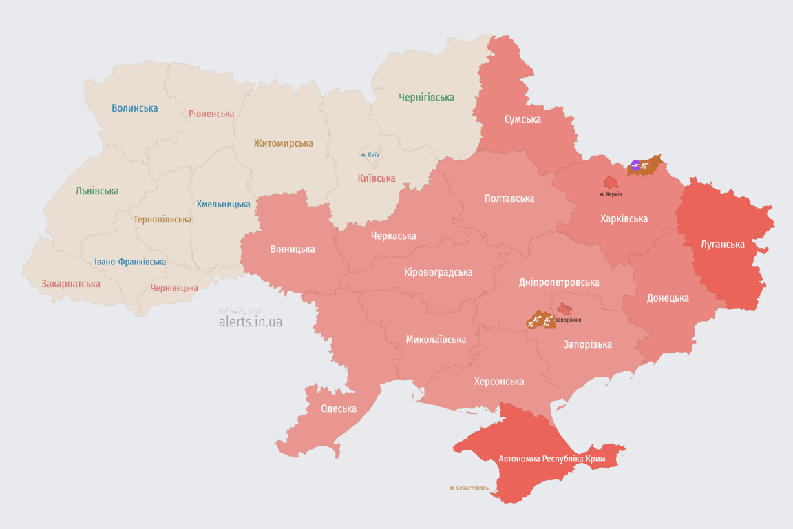 Карта повітряних тривог ввечері 18 квітня
