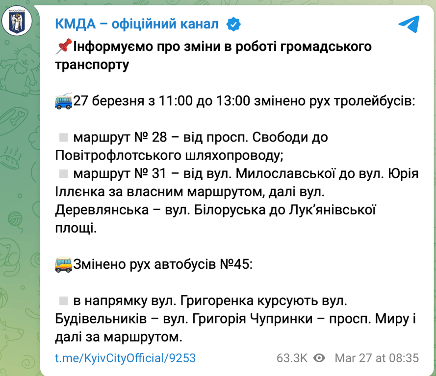 Скриншот допису КМДА