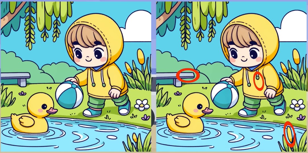 Дівчинка з м'ячиком та качечка в озері — знайдіть відмінності за 12 секунд - фото 2