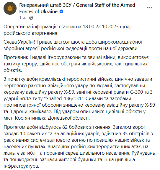 Звіт Генштабу на вечір 22 жовтня