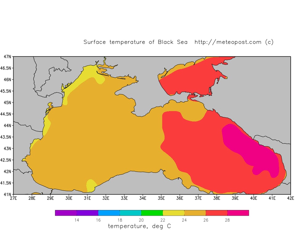 Температура Чорного моря. Мапа складена на основі даних супутникового моніторингу моря GHRSST. Завдяки особливостям прибережних течій і локального вітру температура води біля узбережжя за цією картою може відрізнятися від фактичних значень. Фото: meteopost