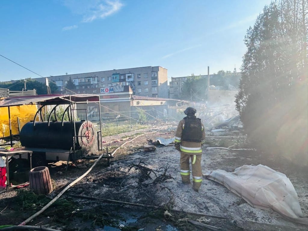 Damaged high-rise buildings near the site of the explosion in Dobropillia