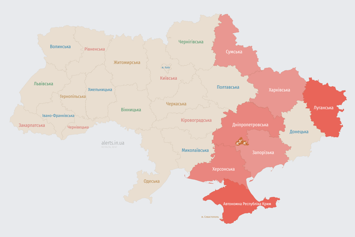 Мапа повітряної тривоги в Україні сьогодні, 2 квітня