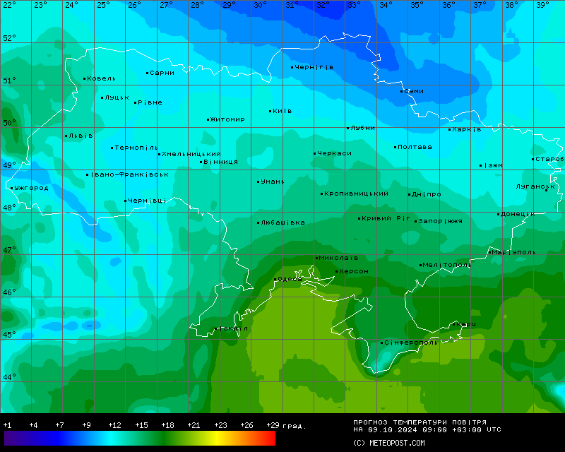 Карта температур на 9 октября