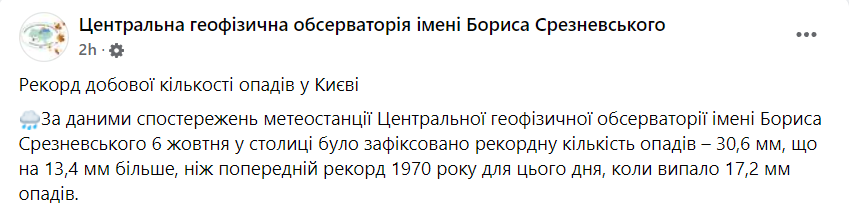 рекордна кількість опадів у Києві 6 жовтня