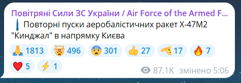 Скриншот повідомлення з телеграм-каналу "Повітряні сили ЗС України"