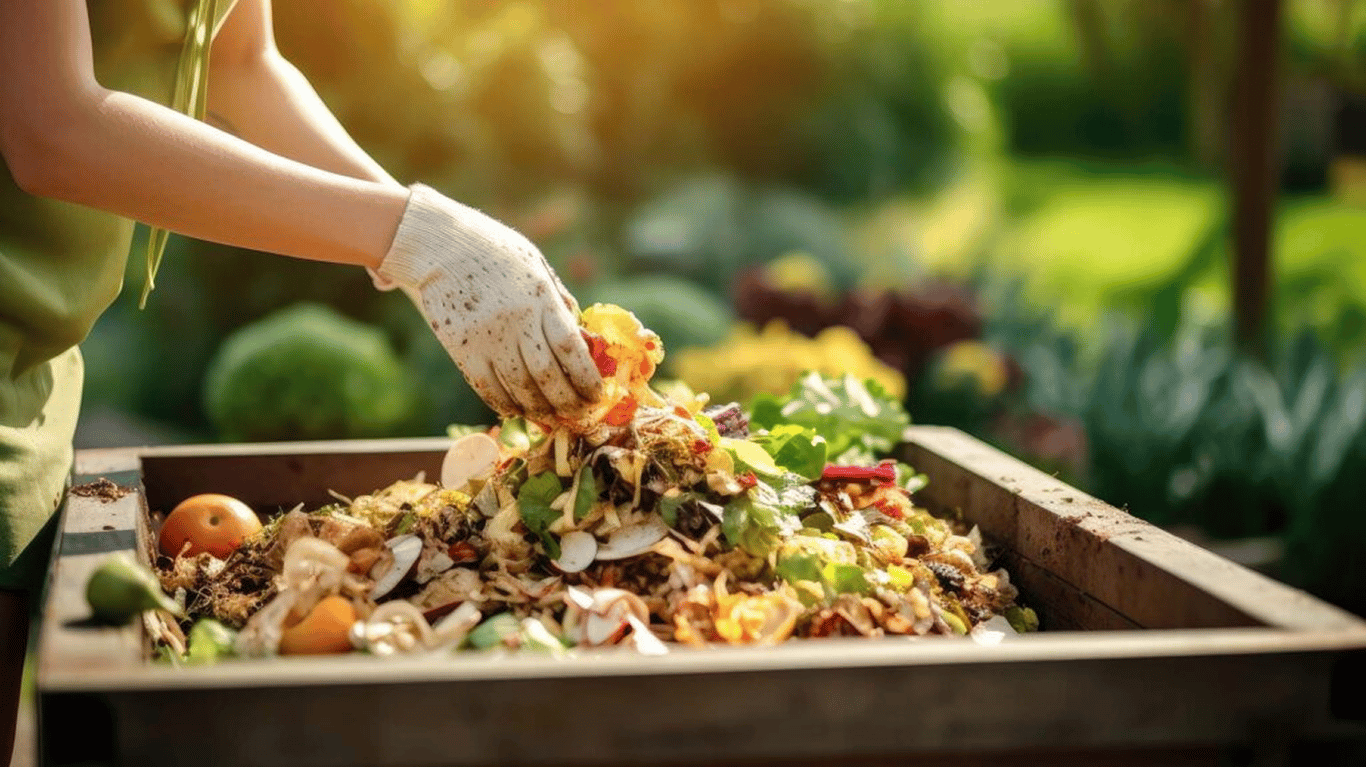 Людина додає рослинні відходи та листя до компостної купи.