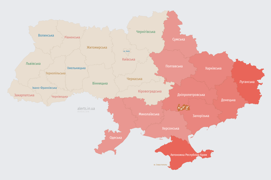 Мапа повітряних тривог в Україні сьогодні 5 березня