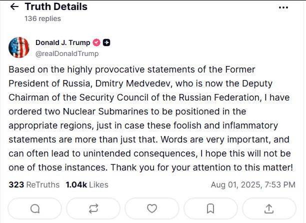 Trump orders deployment of nuclear submarines