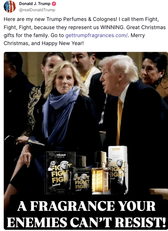 Дональд Трамп выпустил духи с фото жены Байдена - фото 1