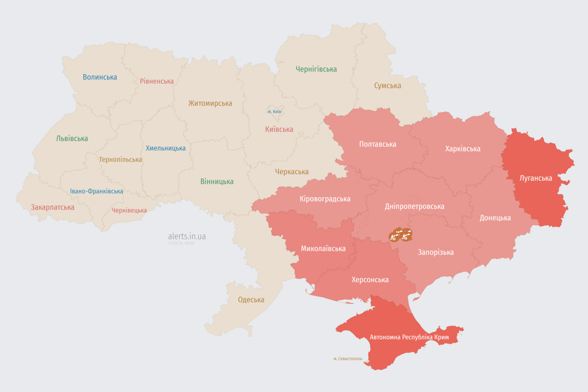 Мапа повітряної тривоги в Україні 12 лютого