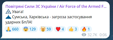 Скриншот повідомлення з телеграм-каналу "Повітряні сили ЗС України"