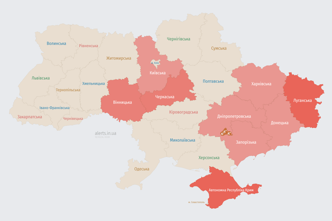 Мапа повітряних тривог в Україні сьогодні, 10 березня