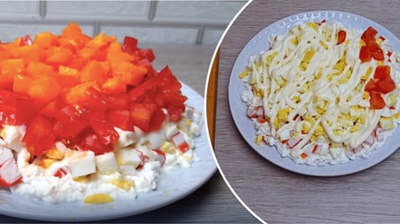 Салат з кисломолочним сиром та крабовими паличками — рецепт - 285x160