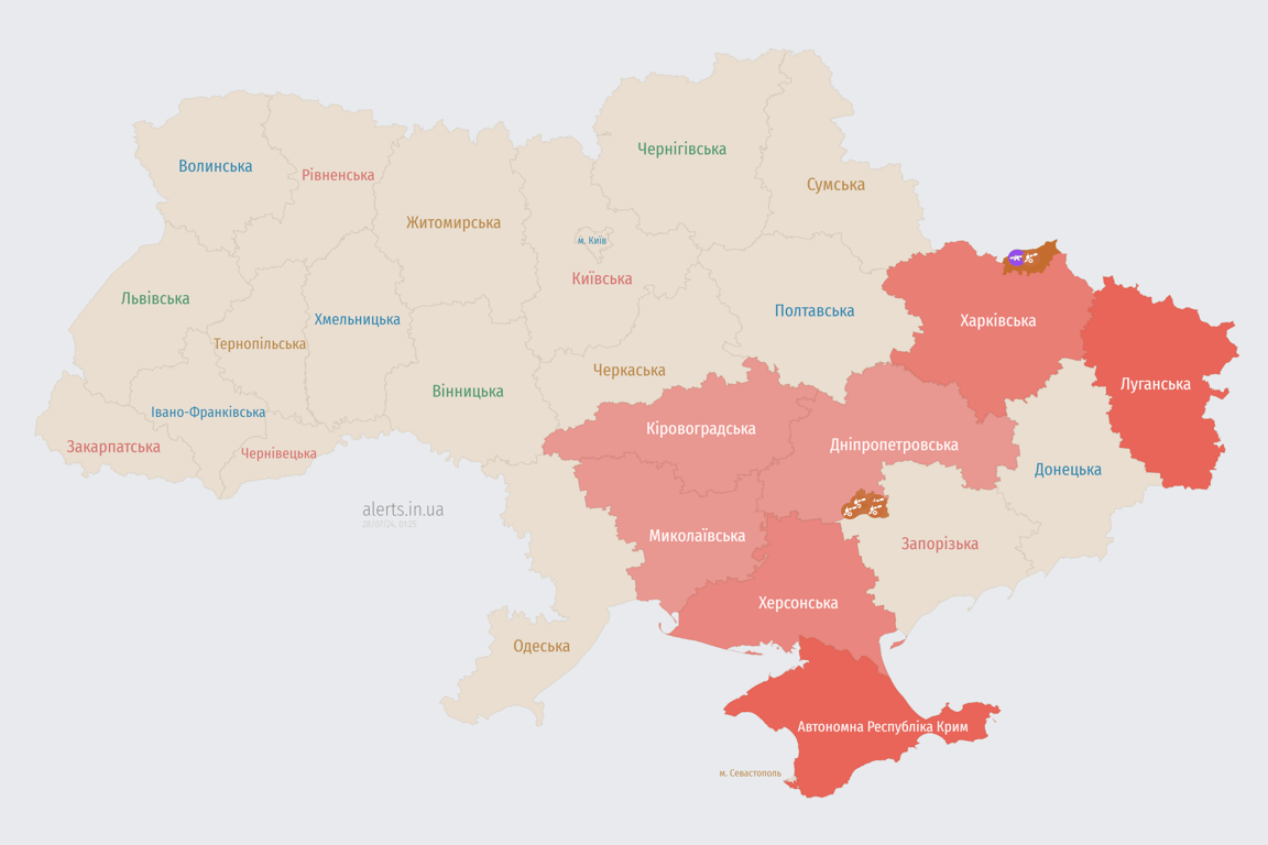 Карта воздушной тревоги ночью 28 июля