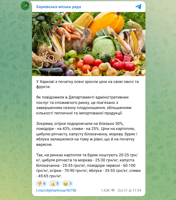 Ціни на овочі у Харкові