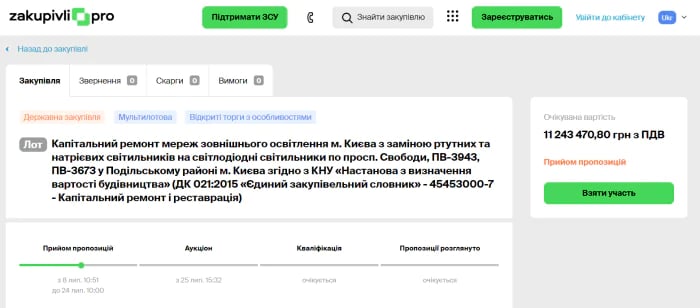 Сторінка тендеру. Фото: скриншот