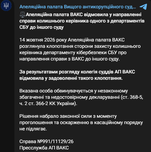 Повідомлення Апеляційної палати ВАКС