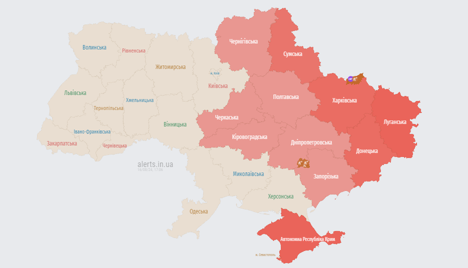 Карта повітряних тривог. Фото: alerts.in.ua