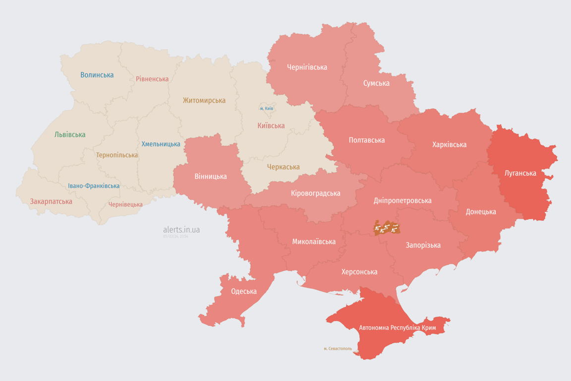 Карта воздушных тревог в Украине сегодня 5 марта