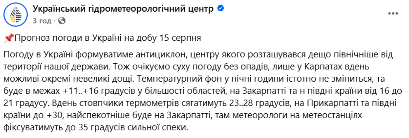 Погода 15 серпня