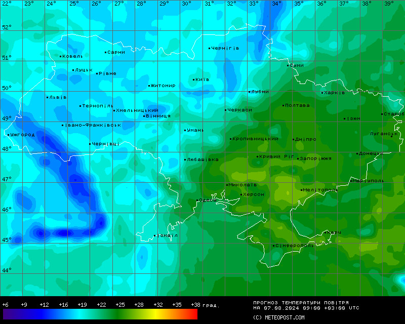 Карта температур в Украине 7 августа
