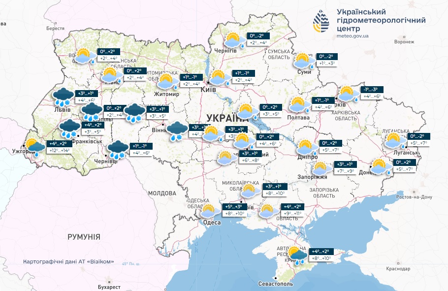 Мапа погоди в Україні в середу, 6 березня, від Укргідрометцентру