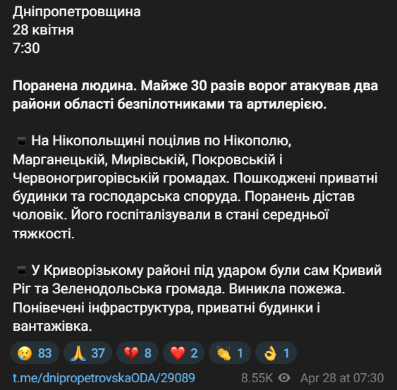 Наслідки обстрілу Дніпропетровської області 28 квітня