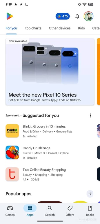 Google Pixel 10 promotional banner at the Play Store