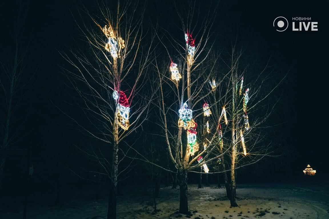 Прикрашені дерева різними новорічними фігурками