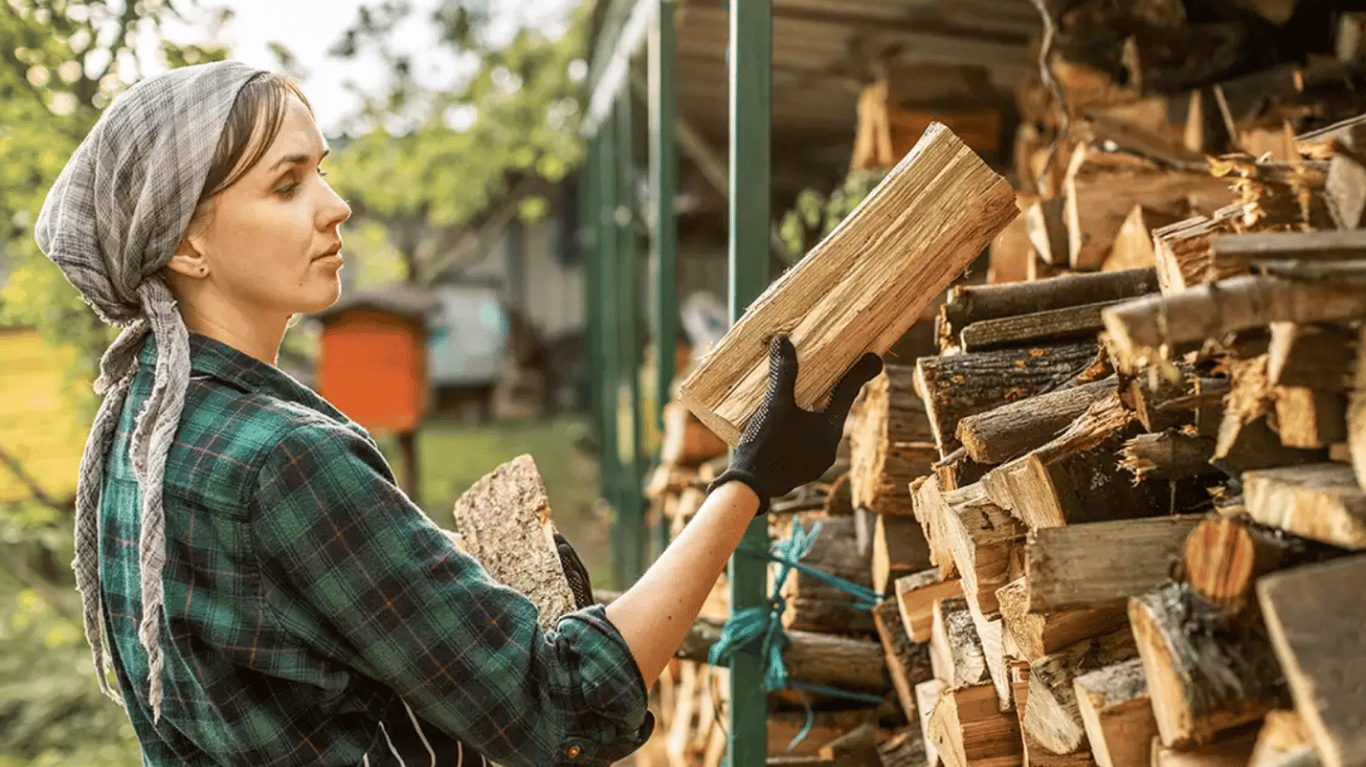 Жінка складає дрова.