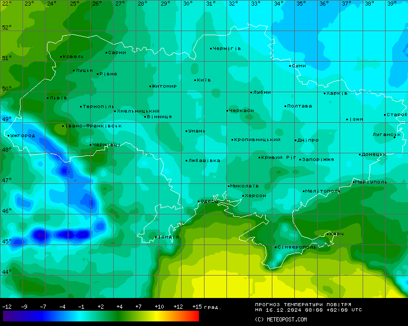 Карта температур в Україні на 16 грудня
