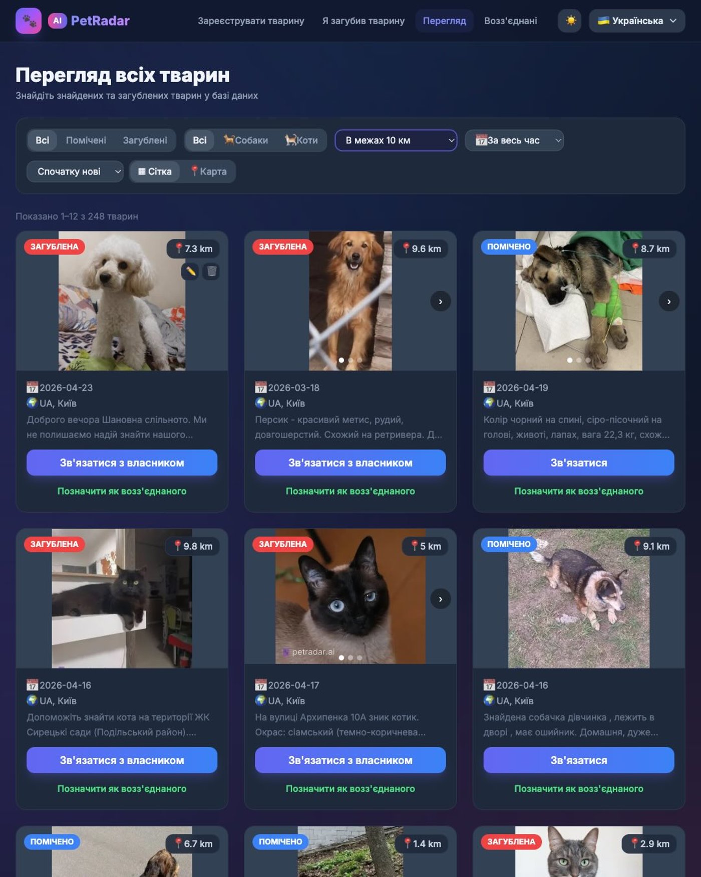 Сервіс для пошуку тварин PetRadar